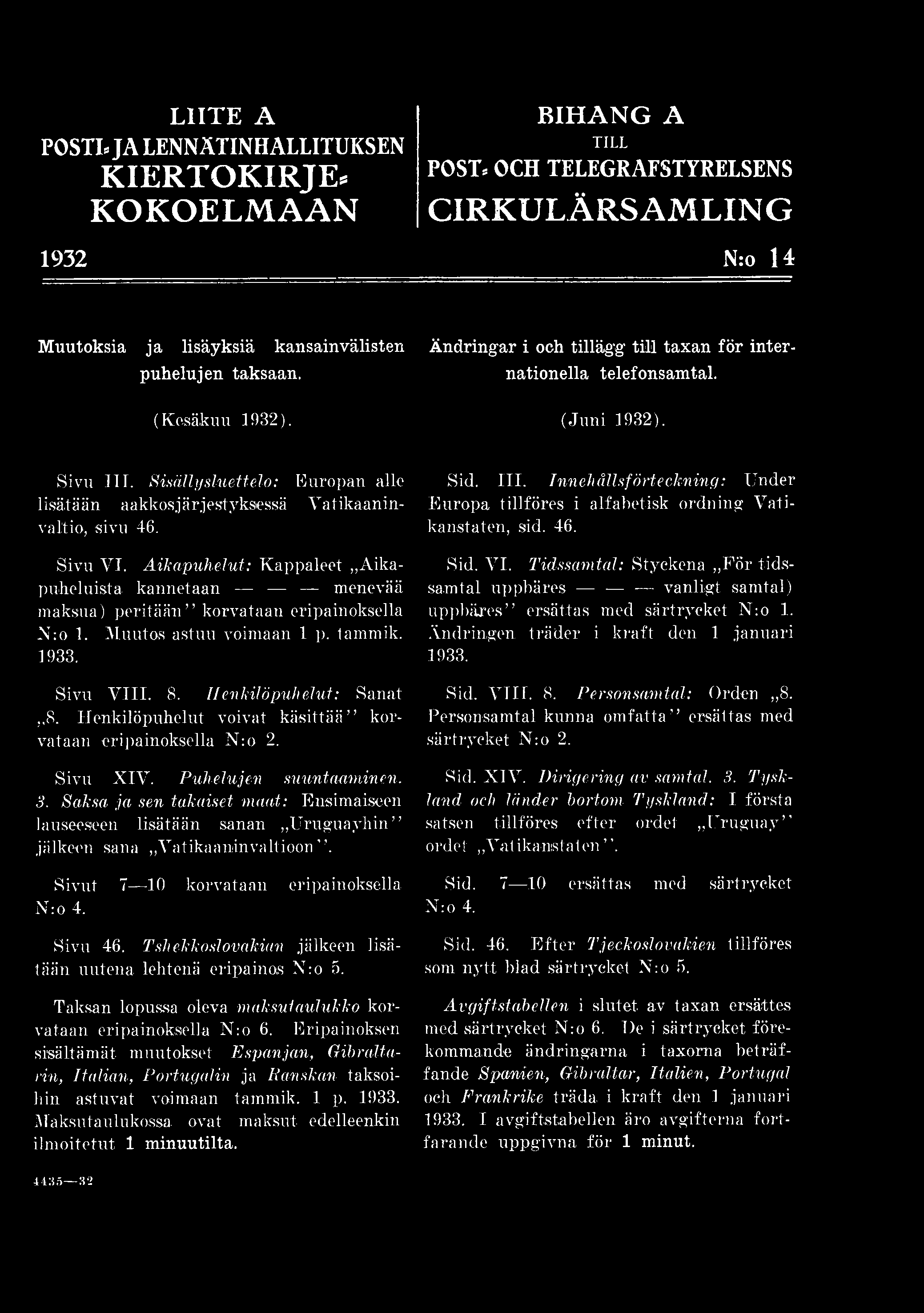 Saksa ja sen takaiset maat: Ensimaiseen lauseeseen lisätään sanan Uruguayhin jälkeen sana»vatikaaninvaltioon. Sivut 7 10 korvataan eripainoksella N:o 4. Sivu 46.