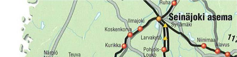 9 Kuva 1. Seinäjoen ja Kaskisen välisen radan linjaus ja liikennepaikat.. 1.2 Kaskisten satama Kaskisten satama on Seinäjoki Kaskinen-radan pääteasema ja Euroopan laajuisen kattavan TEN-T-verkon satama.