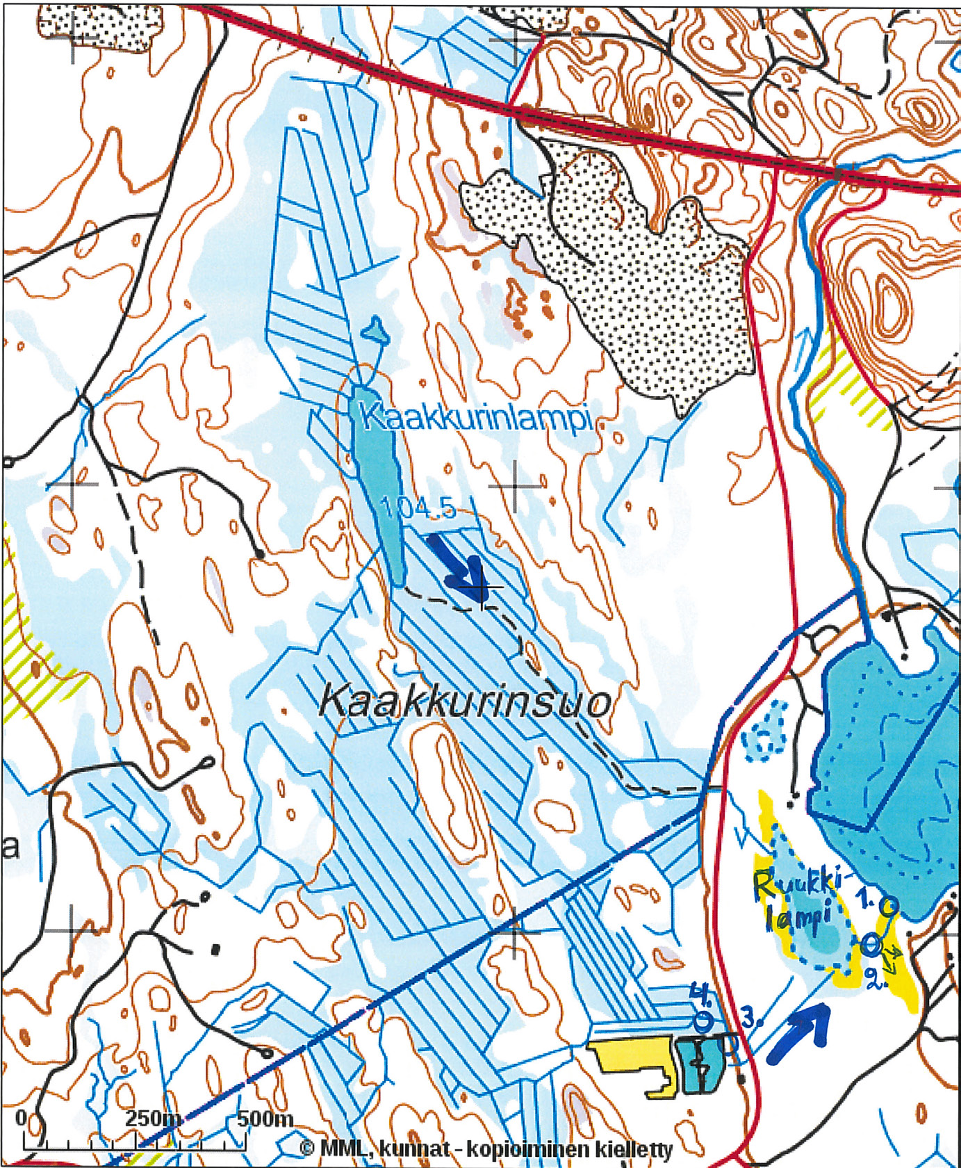 Kuva 12. Ruukkisuon kosteikon ja Ruukkilahden pintavalutuskentän vedenlaadun ja virtaaman havaintopaikat vuonna 2013.