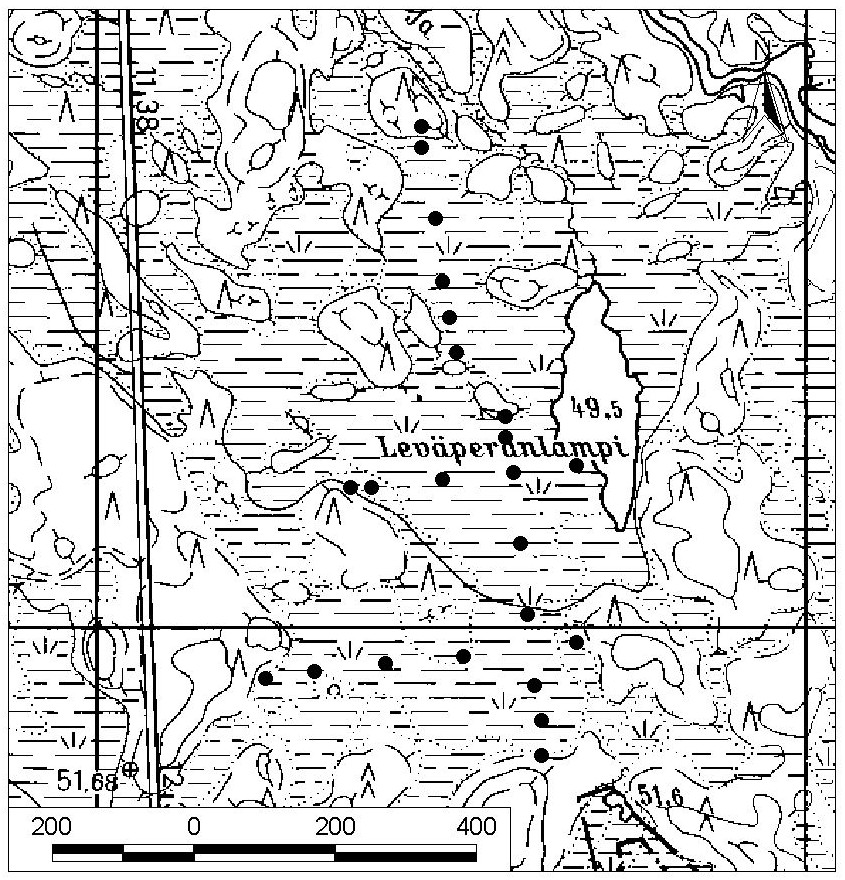 Tutkimus Haukiputaan soista ja turvevarojen käyttökelpoisuudesta Kuva 24. Linkunsuon kartta ja tutkimuspisteet. 23. Leväperänlamminsuo Leväperänlamminsuo (kl.