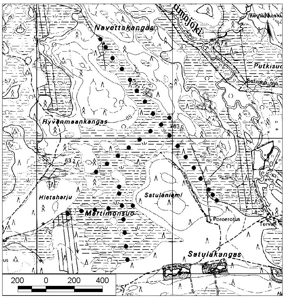 Tutkimus Haukiputaan soista ja turvevarojen käyttökelpoisuudesta Kuva 35. Martimonsuon kartta ja tutkimuspisteet. Pinta on 60,2-63,0 m mpy ja viettää itään ja koilliseen. Suo on luonnontilainen.