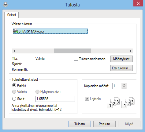 Jos haluat tietoja käytettävissä olevista tulostinajureista ja niiden käyttöä koskevista vaatimuksista, katso käyttöohjetta. Valitse [Tulosta] WordPadin [Tiedosto]-valikosta.