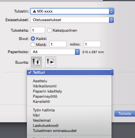 TULOSTIN 4 MX-xxxx () Valitse tulostusasetukset. () Varmista, että oikea tulostin on valittu. (2) Valitse kohdat valikosta ja määritä asetukset tarpeen mukaan.