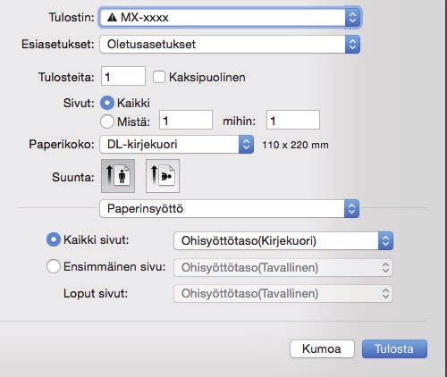 Valitse sovelluksessa kirjekuoren koko (monissa sovelluksissa asetuksen nimi on "Sivun asetukset") ja suorita sitten seuraavat vaiheet.