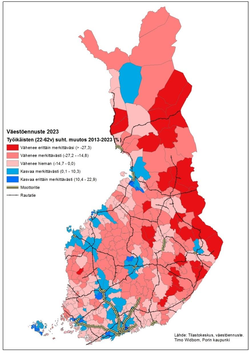 Työikäiset keskittyvät muutamaan keskukseen Kaupungistumisaste teollisissa maissa 70 % -> Suomessa 10-15 %-yks.