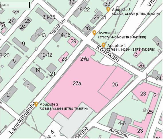51 Kuvio 1. Mittausalueelle suunnitellut apupisteet sekä takymetrin suunniteltu asemapiste havainnollistettuna kartalla.