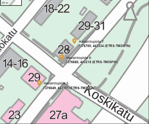 55 Kuvio 3. Havaintopisteet 5-7 kartalla havainnollistettuna. (Maanmittauslaitos 2016) Työn aikana käytettävinä mittalaitteina toimivat Trimble R8-satelliittipaikannin ja Trimble S6-takymetri.