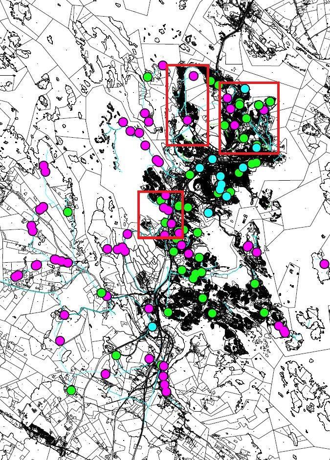 18 (65) KUVA 1. Suunniteltavat alueet ja sähköverkon vikapaikat vuosina 2008 2013. Purppurat ympyrät kuvaavat säävikoja, turkoosit kaivutöistä aiheutuneita vikoja ja vihreät muita vikoja.