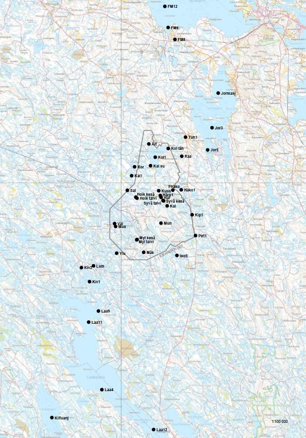 Talvivaaran velvoitetarkkailupaikat ja tarkkailuohjelma (tilanne 1/2012) Aineisto:Talvivaara Sotkamo Oy Talvivaaran ympäristötarkkailuohjelma 2007 2008 2009 2010 2011 2012 2013 Rakentamisvaiheen