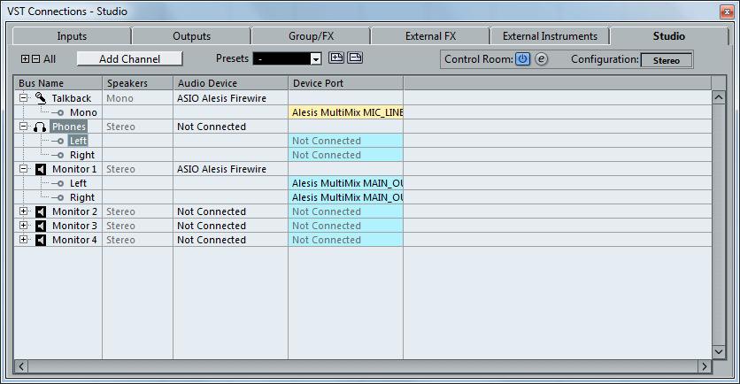 Kuva 114. VST Connection -ikkuna VST Connection -ikkunassa on Studio-välilehti (Kuva 115.), jossa voidaan määritellä monitoroinnin asetukset.
