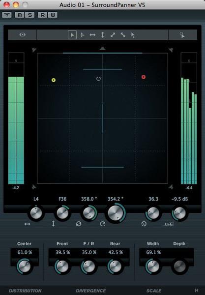 Surround mixing (SurroundPanner, Kuva 79.) mahdollistaa monipuolisen ja laadukkaan 5.1 Surround miksauksen. Kaikki Cubase 6:n VST 3 -plugineja on mahdollista hyödyntää Surround-miksauksissa.