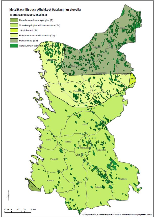 Satakunnan suot ja metsäkasvillisuusvyöhykkeet (YM 26/2015) Eteläboreaalinen metsäkasvillisuusvyöhyke / Lounaismaa (2a) ja Pohjanmaan rannikko (2c) Suurmuodoiltaan vaihtelevia, laajoja ja allikkoisia