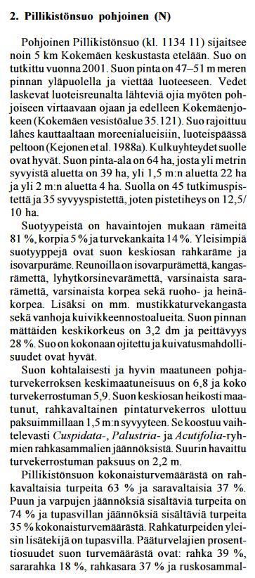 Kokemäki, Pillikistönsuo N (31112) GTK:n (2005) turvetutkimusraportti 359.