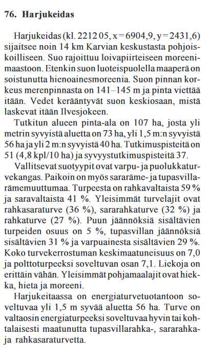 Karvia, Harjukeidas (21140) GTK:n (2004) turvetutkimusraportti 357. Karviassa tutkitut suot ja niiden turvevarat. Osa 2. Suomi, Timo ja Korhonen, Riitta.