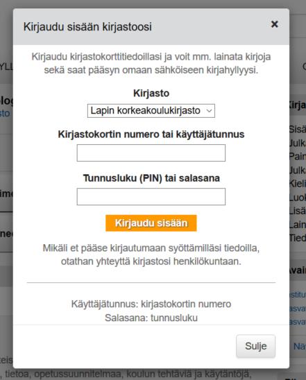 Syötä kirjastokorttisi numero ja salasana.