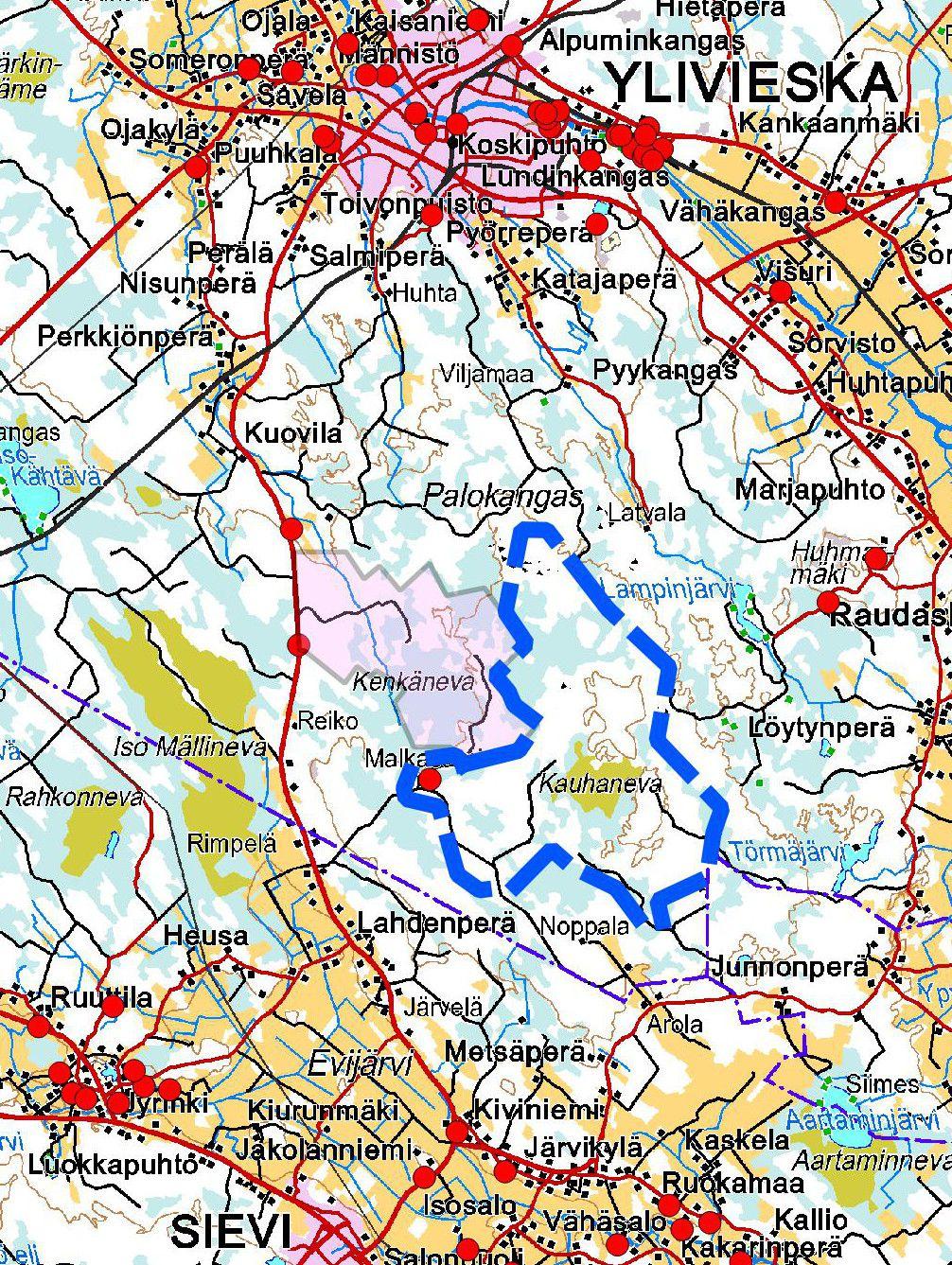 3 Kartta 1. Inventointialue (sininen katkoviiva)*, vuonna 2013 inventoitu alue* (vaaleanpunainen) sekä tunnetut muinaisjäännökset ja löytöpaikat (punaiset pisteet). mk n.