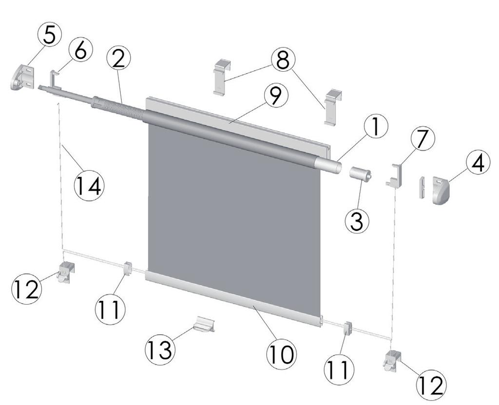 MINI SPRING type 405 Roller blind with constantly tensioned spring mechanism and side guide cords/ Rullakaihdin jatkuvavetoisella jousimekanismilla ja naruohjauksella/ Rollo mit Federmechanik und