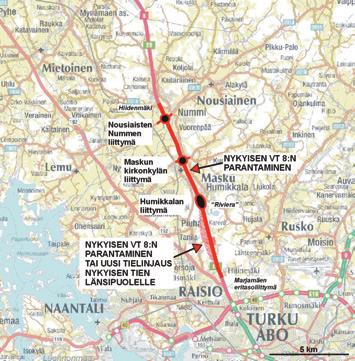 12 Valtatie 8 välillä Raisio-Nousiainen HANKE JA VAIHTOEHDOT Turun tiepiiri on hakenut vuonna 1995 vesioikeudelta (nykyinen Länsi- Suomen ympäristölupavirasto) lupaa poiketa Humikkalan ja Alhon