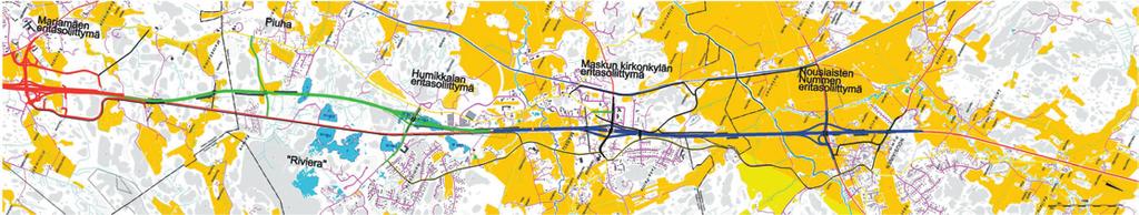 Valtatie 8 Raisio-Nousiainen HANKE JA VAIHTOEHDOT 19 Kuva 8. Vaihtoehto Sinivihreä 1. Verkkoon sisältyy uutena rinnakkaistienä yhteys Mietoistentieltä (mt 1914) Lemuntielle (mt 2010).