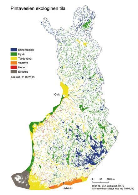 Pintavesien ekologisen tilan arviointi v. 2013 Lokakuu 2013, 2. VH suunnittelukierros: - Rannikko: Kaikki vesimuodostumat. - Järvet: 87 % pinta-alasta.