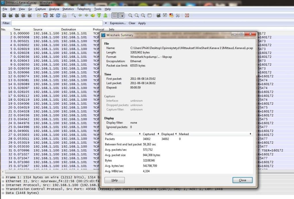 KUVA 13. Datan nauhoitus Wireshark-ohjelmalla Taulukoihin on kerätty tietoa lähetetyistä paketeista, keskiarvo pakettia/sekunti, keskiarvo byte/sekunti ja keskiarvo Mbit/sekunti.