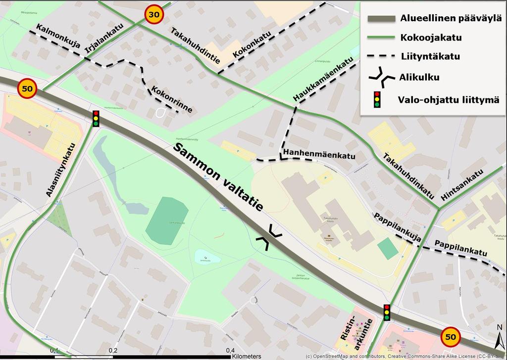 AUTOLIIKENNEVERKKO Tarkastelualueen tärkein autoliikenteen yhteys on Sammon valtatie, joka toimii myös Tampereen keskustan sisääntuloväylänä.