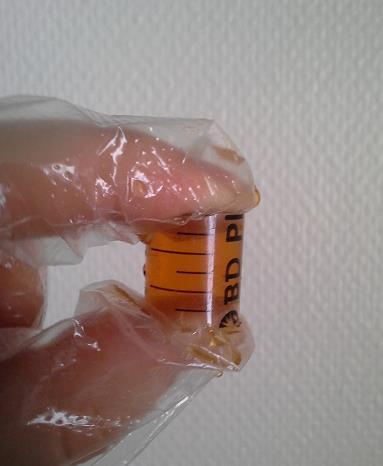 upotettiin syötteeseen ja sen päät suljettiin sormin. Lieriö tyhjennettiin upokkaaseen ja sama toistettiin, jotta näytettä saatiin n. 6 ml.
