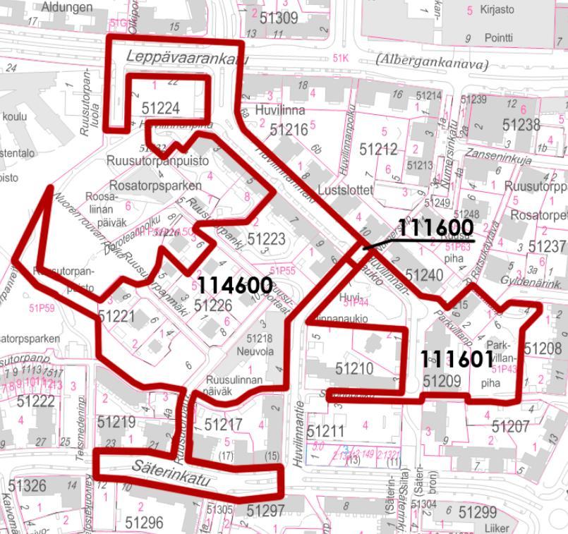 7 (18) Alueella on voimassa useita asemakaavoja: - Ruusutorppa I (alue 114600, hyväksytty 14.5.1997) kattaa Huvilinnanmäki-kadun ja Säterinkadun osan - Ruusutorpanpuisto (alue 111600, hyväksytty 27.3.