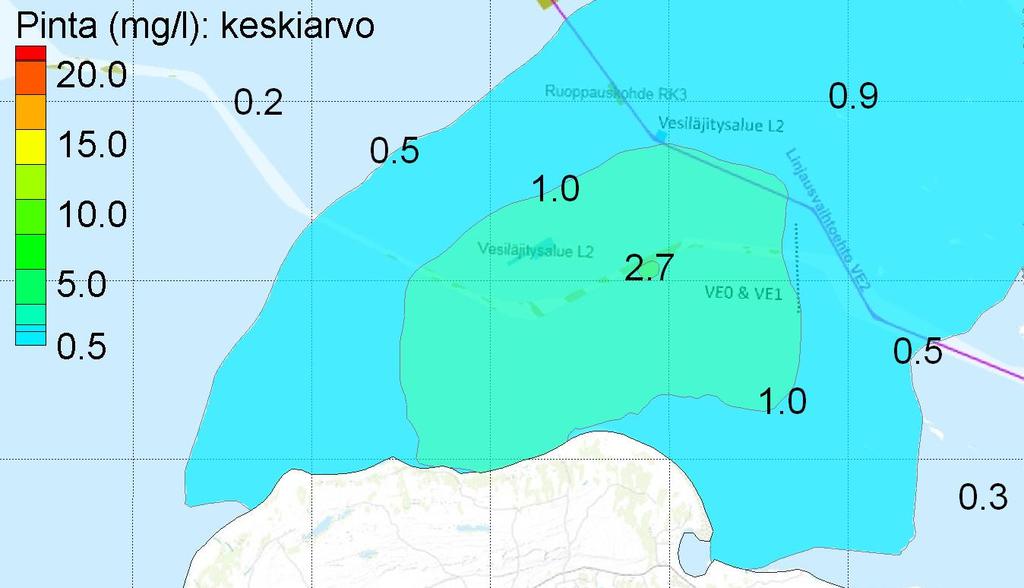 Laskentatuloksista tehtyjen jakaumakuvien (Kuva 11-16) perusteella ruoppausvaihtoehdossa VE1 Hailuodon pohjoispuolisella kohteella näkyy pinnassa ruoppauskohteen läheisyydessä melko lievää