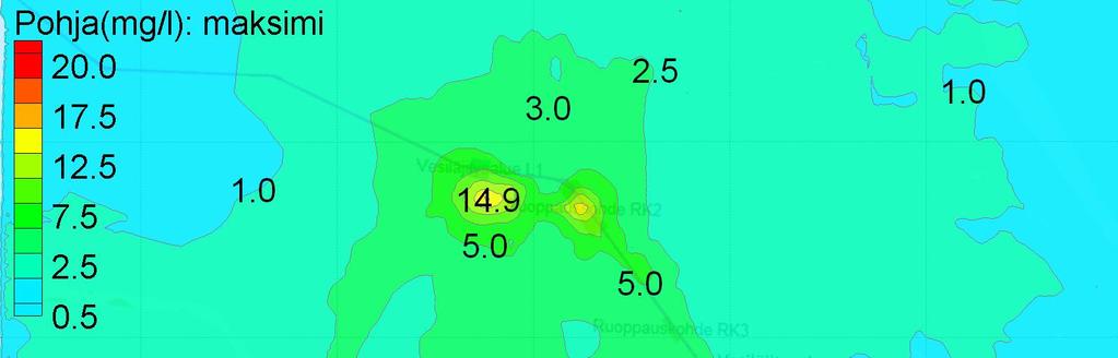 Vähäistä (< 1 mg/l) kiintoainemäärän kasvua esiintyy pohjassa laajemmalla