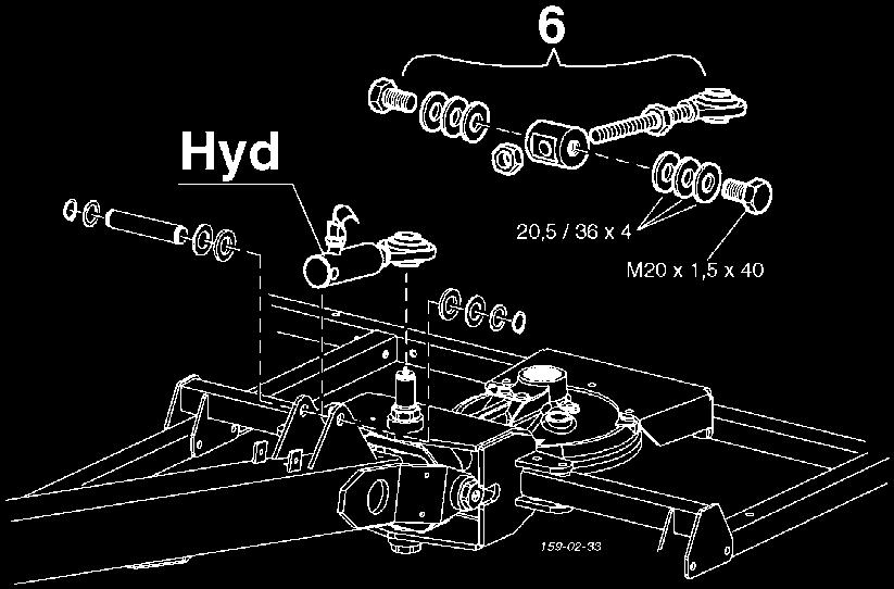 Irrota mukana toimitettu kara (6). 4. Asenna hydraulisylinteri (Hyd) paikoilleen. 5. Säädä etäisyys (X1) sopivaksi kierretapin avulla.