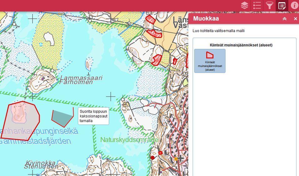 Muinaisjäännösten alueiden luominen ja muokkaaminen Valitse tasoista Aktivoi Muinaisjäännösten muokkaus (alueet). Valitse Muokkauskuvake.