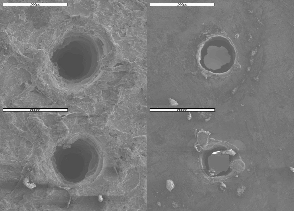 Kuva 80. Tiimalasimaisia reikiä. Materiaalina 1,0 mm kupari. Reiät on porattu 500 W Nd:YAG laserilla yksipulssiporauksena.