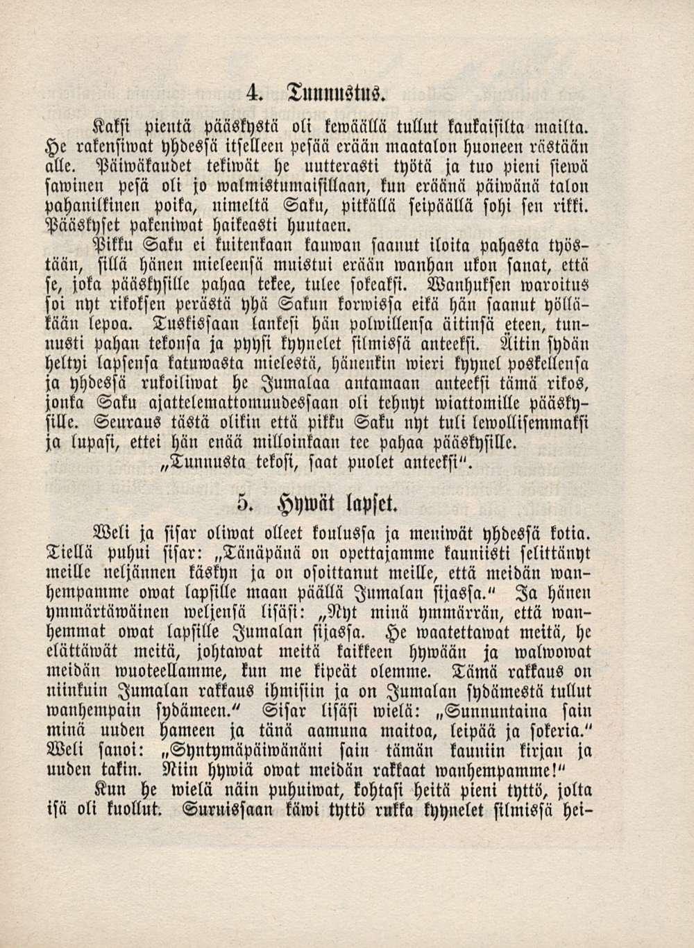 4. Tunnustus. Kaksi pientä pääskystä oli kewäällä tullut kaukaisilta mailta. He rakensiwat yhdessä itselleen pesää erää» maatalon huoneen rnstään alle.