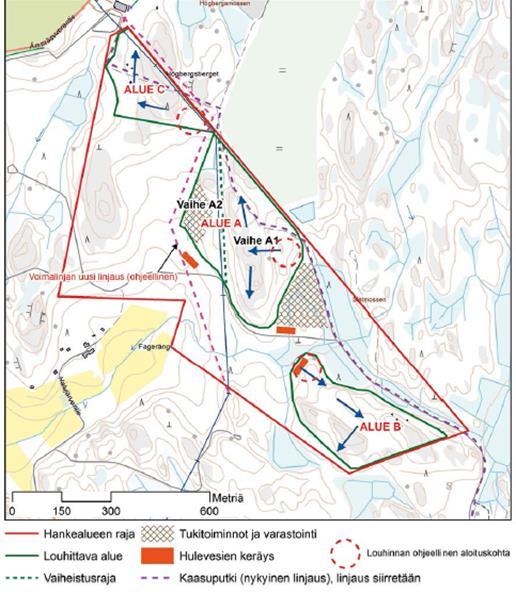 Kaupunkisuunnittelulautakunta 26.08.2015 Sivu 37 / 54 Kuva 3. Louhinnan vaihtoehto VE3 VE1: Kiviaineksen ottoalueiden koko on yhteensä 30 hehtaaria ja ottomäärä enimmillään 11 miljoonaa kuutiometriä.