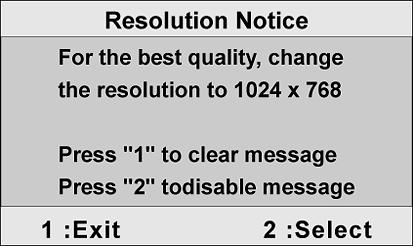 Language Select (Kielen valinta) valinnan avulla voit valita valikoissa ja ohjausnäytöissä käytetyn kielen. Resolution Notice (Resoluution ilmoitus) tuo esiin alla olevan resoluutioilmoitusvalikon.