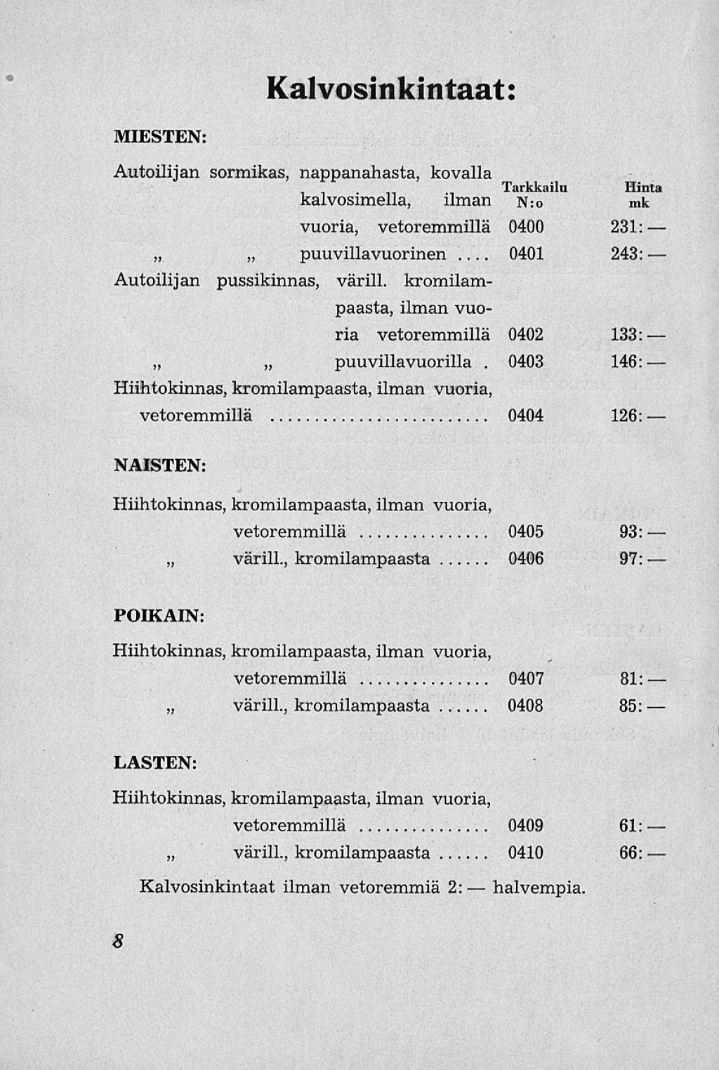 0401 0403 Kalvosinkintaat: MIESTEN: Autoilijan sormikas, nappanahasta, kovalla Tarkkailu Hinta kalvosimella, ilman N:o mk vuoria, vetoremmillä 0400 231: puuvillavuorinen puuvillavuorilla.