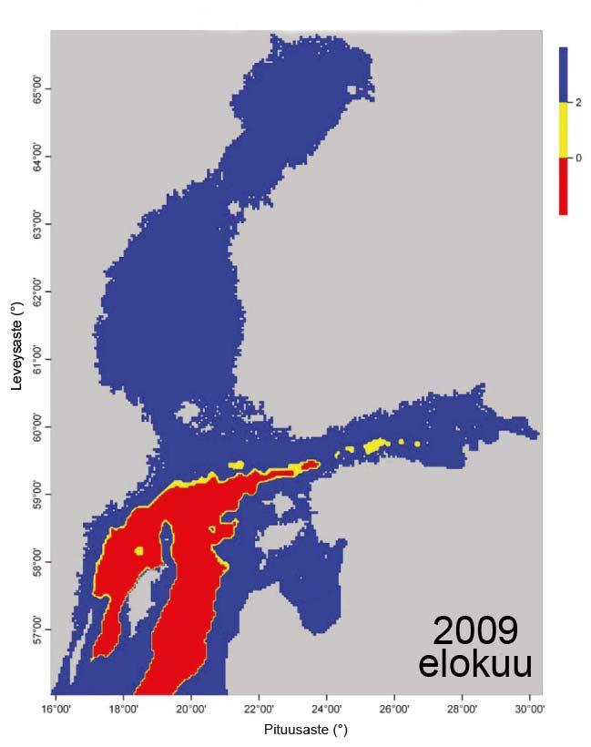43 on esitetty yleiskartta merenpohjan yläpuolisen vesikerroksen tilasta loppukesällä 2009 ja loppukesällä 2010.