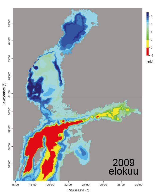 43 Happiolosuhteet lähellä merenpohjaa elokuussa 2009 (vasen) ja elokuussa 2010 Itämerellä (oikea) Suomen ympäristökeskuksen mukaan.