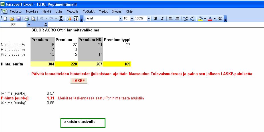 Ravinteiden yksikköhinnan laskenta voidaan tehdä minkä