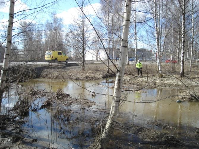 Aikaisemmin keväällä vesi oli noussut oikean puoleisessa kuvassa seisovan henkilön osoittamaan kohtaan. Ilmatieteenlaitokselta 30.11.