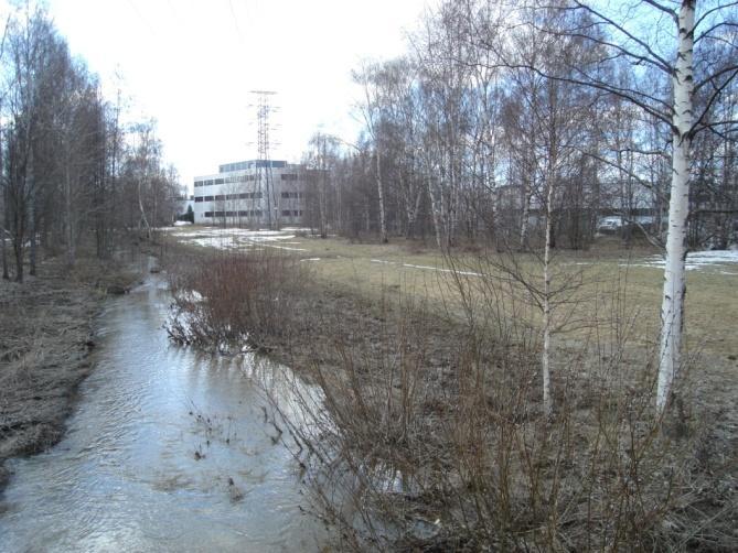 Myös pääuoman sivuojat, joihin tonttien hulevedet johdetaan, kulkevat hyvin lähellä teollisuusalueen rakennuksia (kuva 5.13.