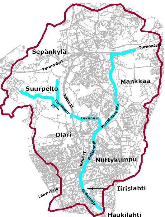 1-4 2. SUUNNITTELUKOHTEEN YLEISKUVAUS 2.1 Valuma-alueet ja virtausreitit Lukupuro ja Henttaanpuro kuuluvat Gräsanojan valuma-alueeseen (rajattu punaisella kuvassa 2.1.).