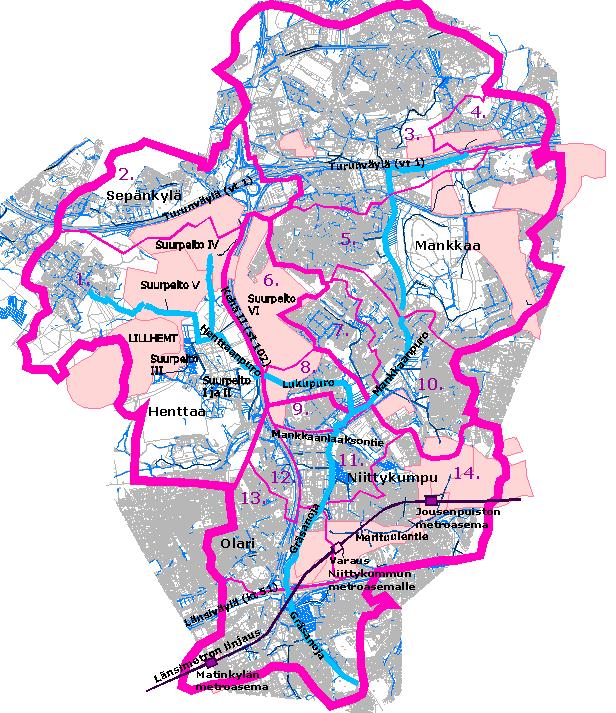 1-6 Suunnittelualueelle ja sen ympäristöön esitetyt maankäytön muutokset on rajattu kuvaan 2.2. Kuva 2.2. Gräsanojan valuma-alue rajattuna pienvaluma-alueisiin 1-14.