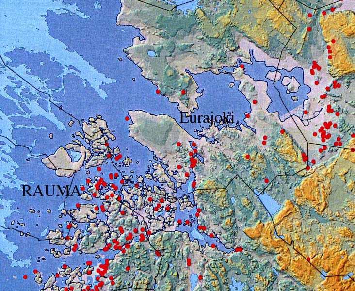 4 Rantaviiva Eurajoen ja Rauman alueella noin 1600 ekr (ei mittakaavassa). Pronssikautiset muinaisjäännökset on merkitty punaisilla pisteillä.