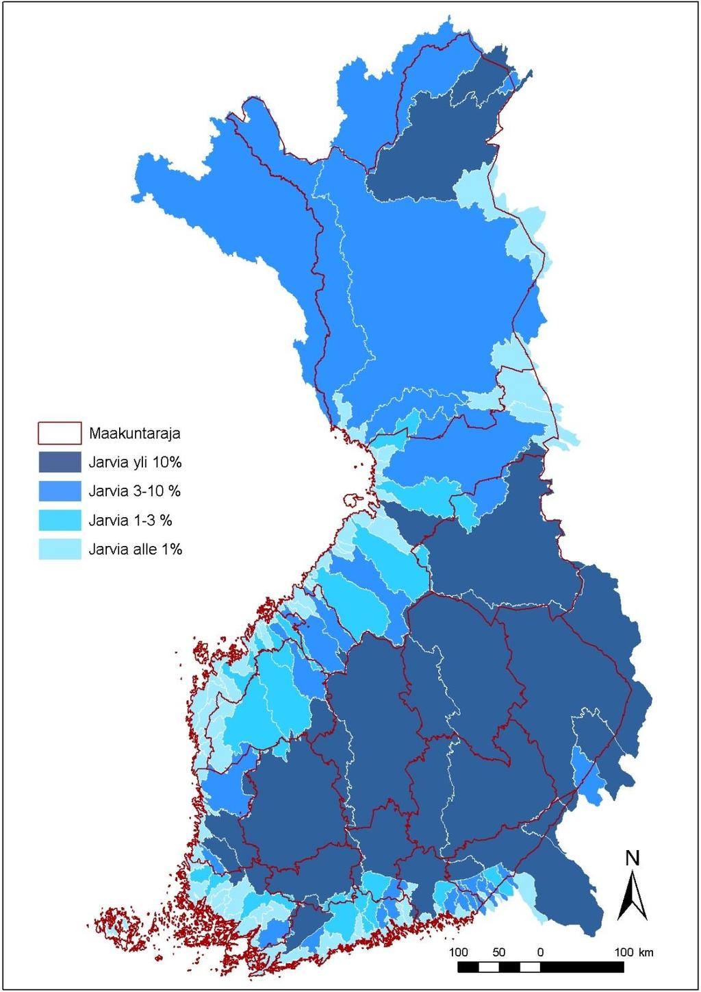 Kuviosta erottuu selkeästi Järvi-Suomen maakunnat, joissa järvien osuus on selvästi suurempi kuin maatalousalueiden osuus. Vähiten sisävesiä on suhteellisesti Varsinais-Suomessa ja Pohjanmaalla.