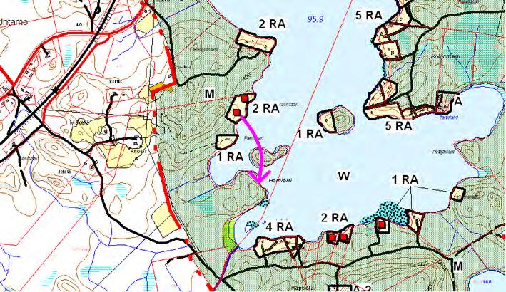 4.43 Arponen Muutoskohde sijaitsee Untamo-järven rannalla tilalla Arponen 1:7. Kuva 66. Ote voimassa olevasta rantayleiskaavasta. 4.43.1 Nykytilanne Voimassa olevasta rantayleiskaavassa tilalle on merkitty 2 uutta lomarakennuspaikkaa sekä yksi olemassa oleva rakennuspaikka.