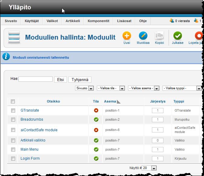 ETAPPI ry JOOMLA 2.5 Sivu 6(13) Moduulin aseman eli position valinta 1. Valitse sivupohja, jota sivustosi käyttää.