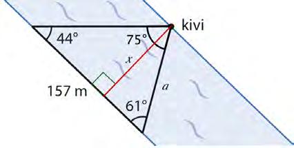 Tekijä Pitkä matematiikka 3 10.10.2016 122 Täydennetään kuvaan kysytty joen leveys x ja kolmas kulma 180 44 61 = 75.