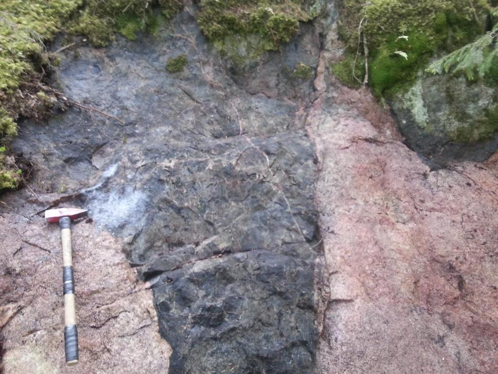 Kuva 13. Gabrosulkeuma graniitissa. KK6$-2016-1225 3.3.5 Montsoniitti Montsoniitti on koostumukseltaan maasälpien sekä mafisten mineraalien muodostamaa kiveä, josta puuttuu täysin kvartsi.